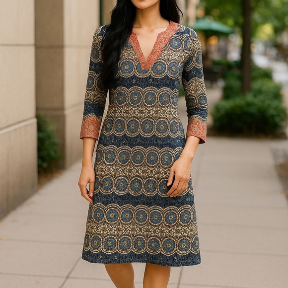 Caribbean Joe -NWOT Geometric Designrd Dress, 3/4 Sleeves W/Slits & Bottom Slits - Picture 1 of 12